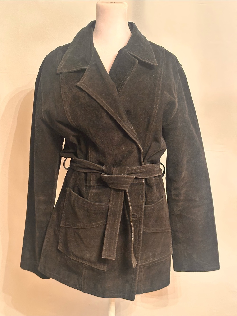 Vera Pelle 100% Suede Belted Trench Coat - washed black